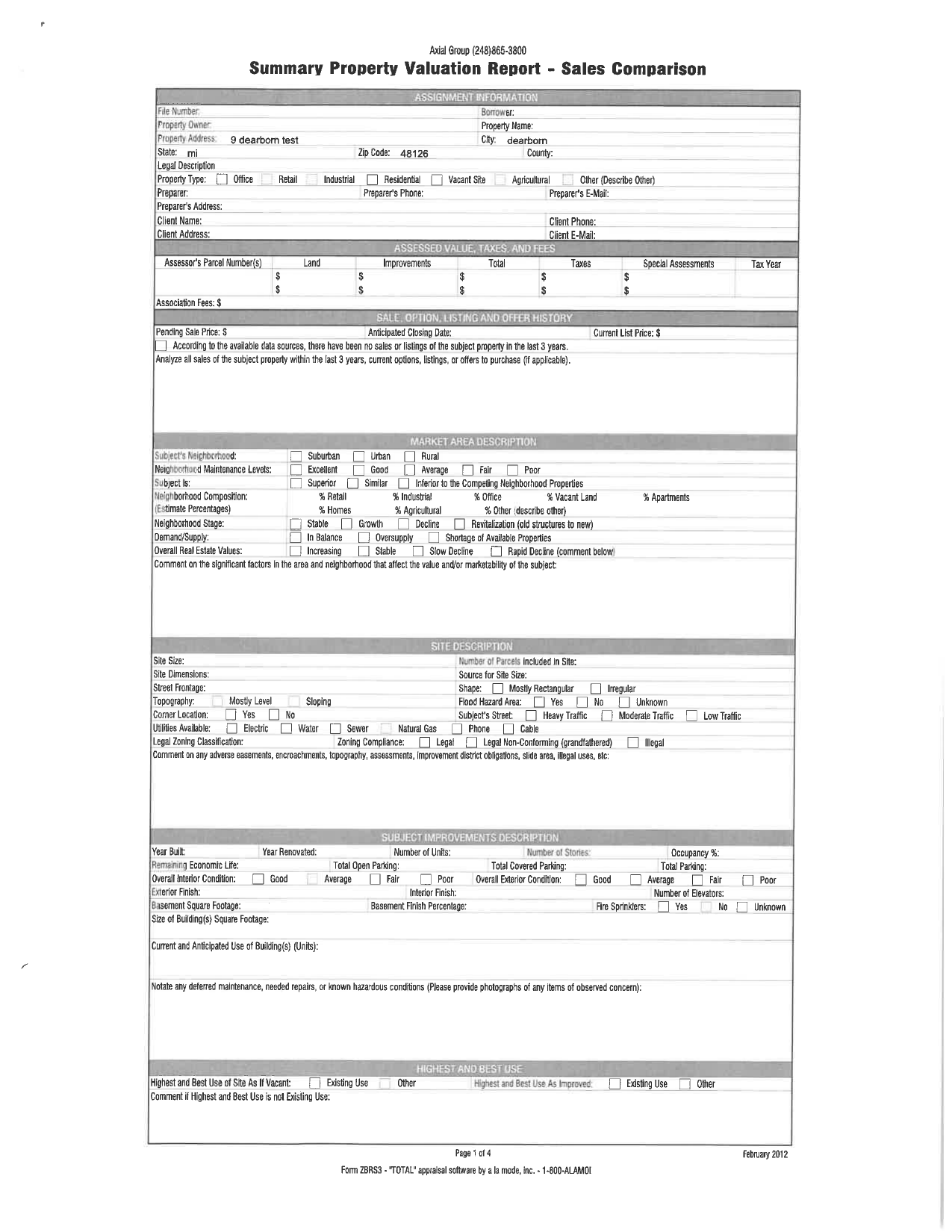 Sample report page 1: assignment and market context